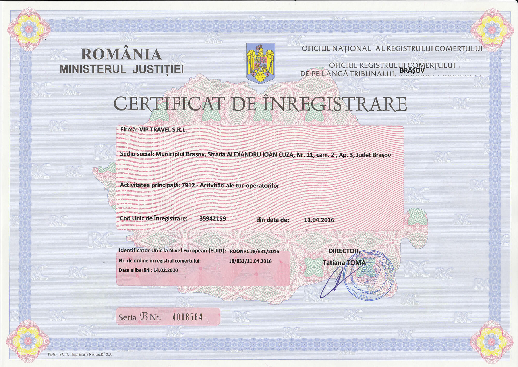 certificat de inregistrare